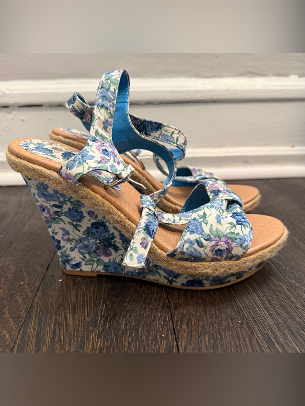 TOP Moda Blue and Purple Floral Espadrille Wedge Sandals